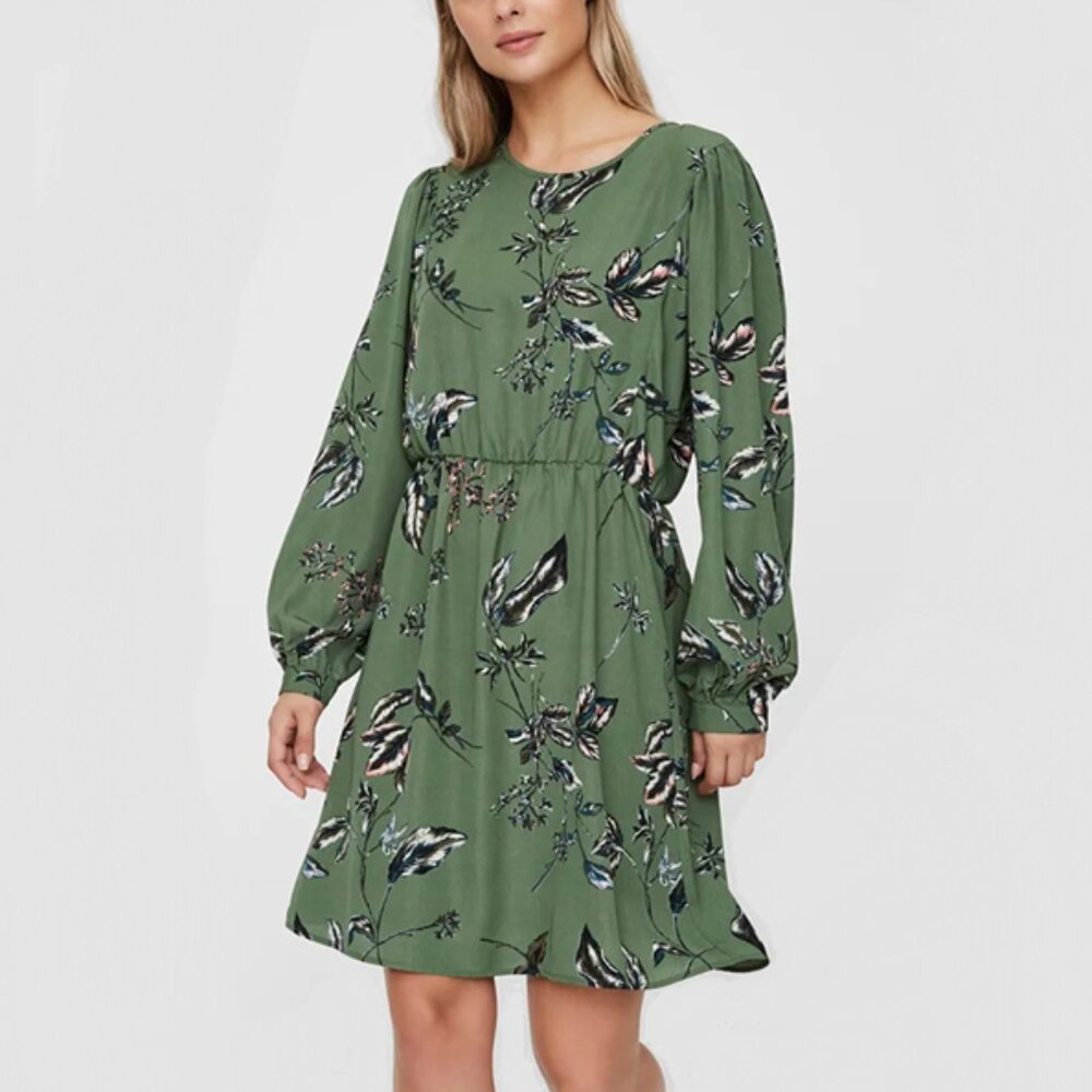 Vero Moda Green Botanical Floral Voluminous Sleeve Mini Dress - M 🌿